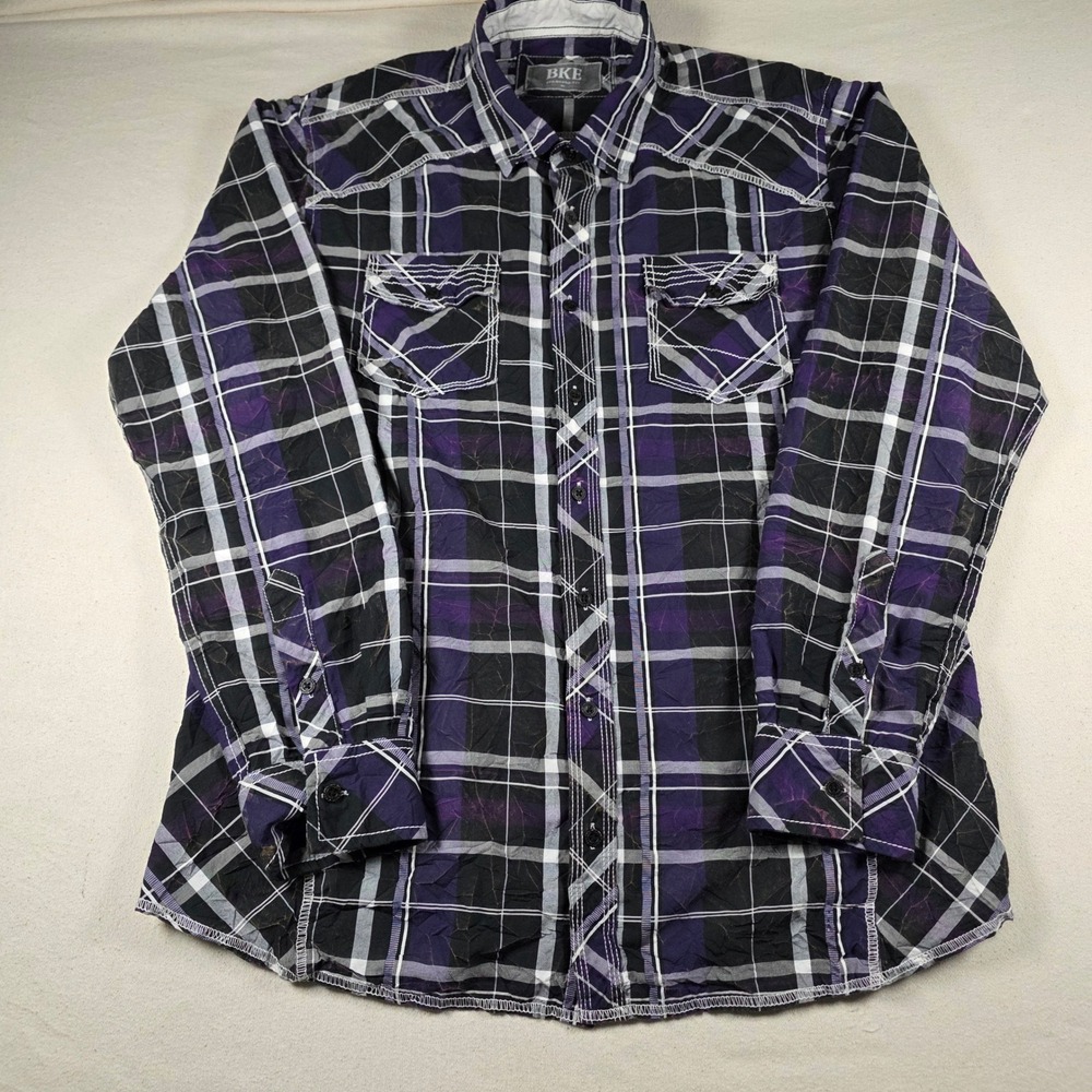 BKE Mens XL Purple Black Plaid Western Long Sleeve Button Down Shirt B-2313